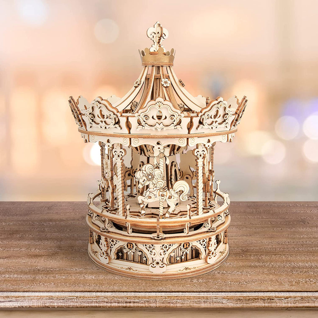 3D Wooden Carousel Music Box - Rotating Mechanical Puzzle