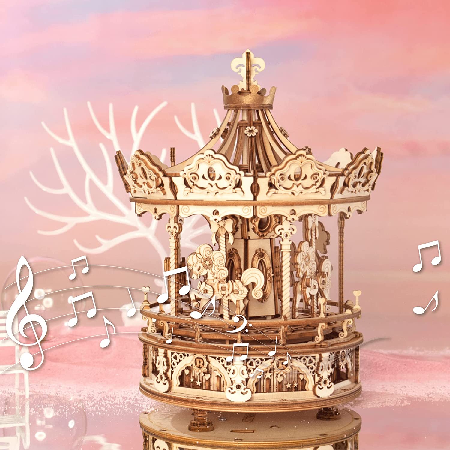 3D Wooden Carousel Music Box - Rotating Mechanical Puzzle