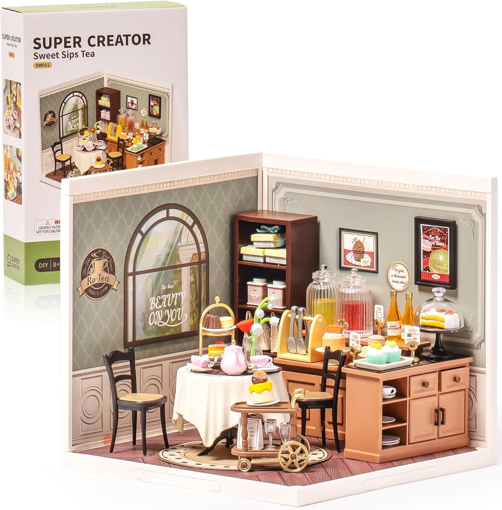 Robotime Sweet Sips Tea House Miniature Kit - DIY Dollhouse with LED
