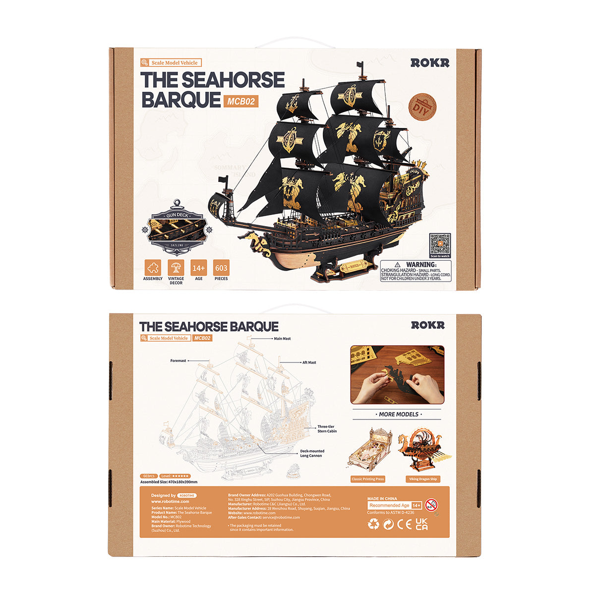 ROKR Seahorse Bark 3D Wooden Ship Model Kit - 15th Century Sailing Ship Puzzle