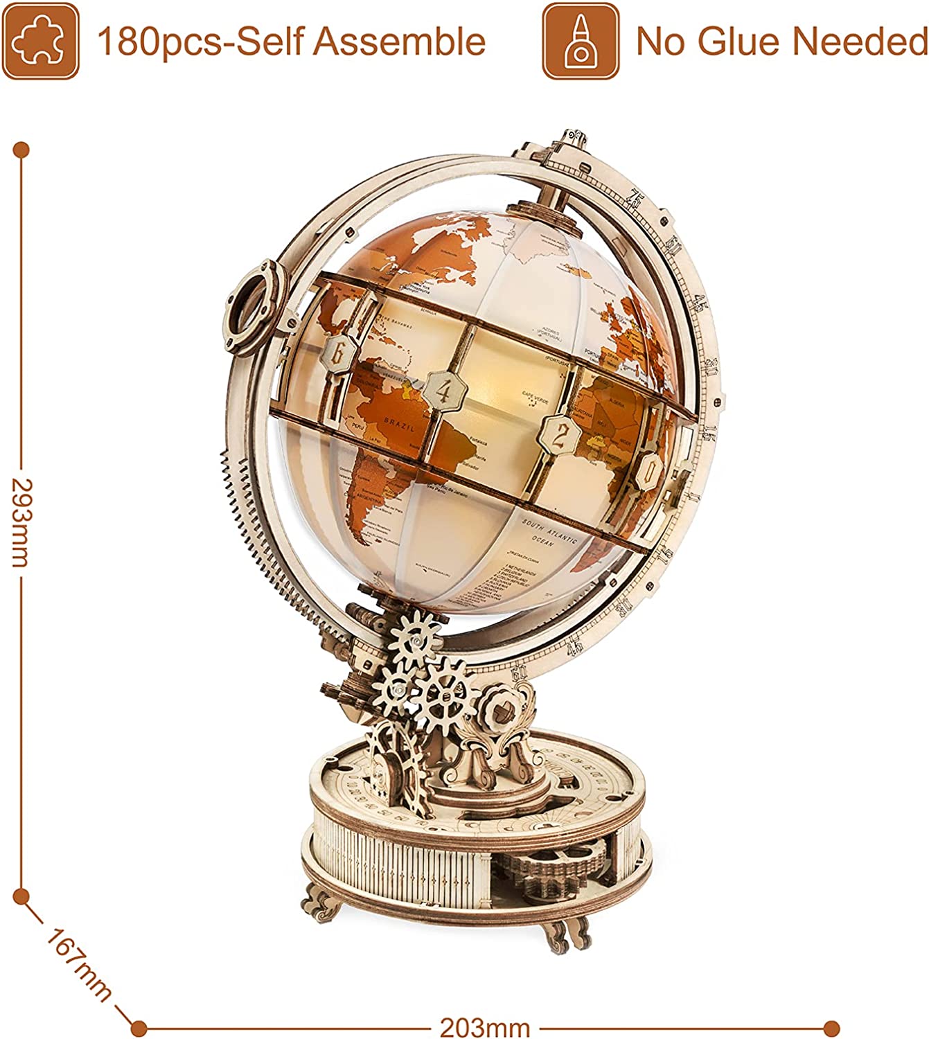 ROKR Luminous Globe - 180-Piece 3D Wooden Puzzle with LED Light