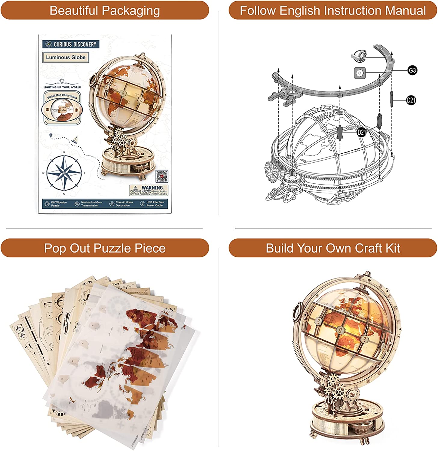ROKR Luminous Globe - 180-Piece 3D Wooden Puzzle with LED Light