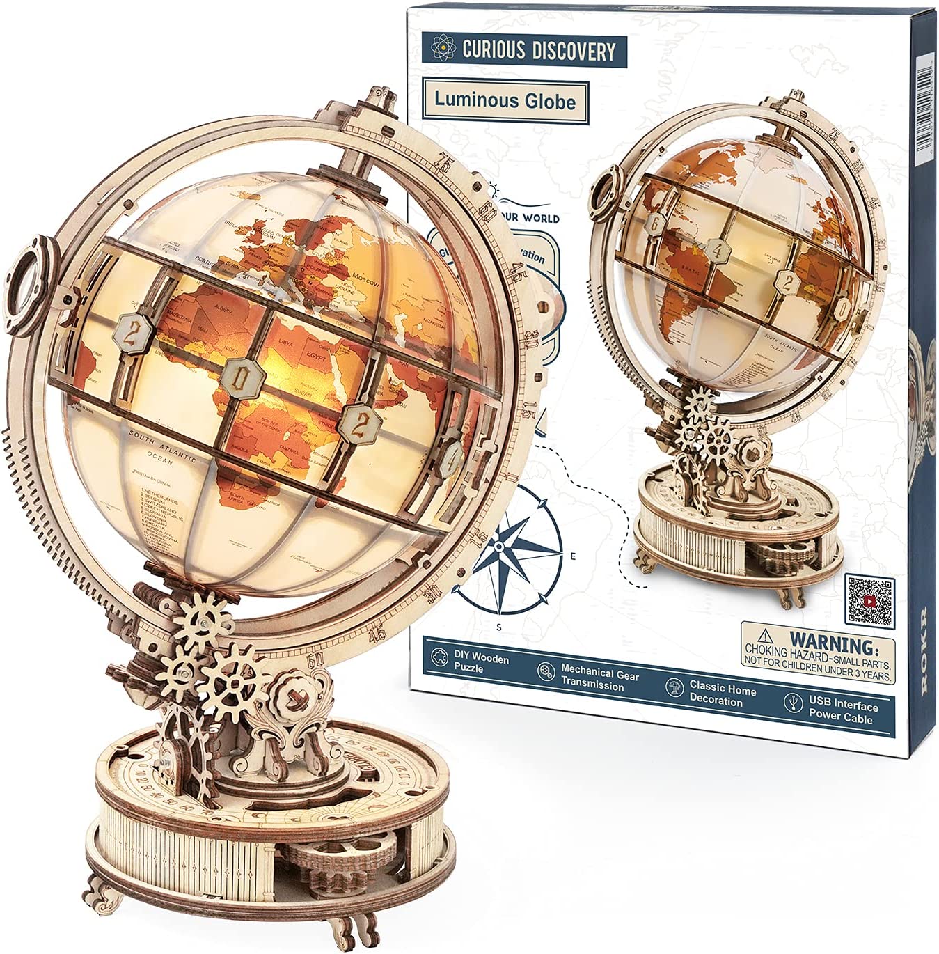 ROKR Luminous Globe - 180-Piece 3D Wooden Puzzle with LED Light
