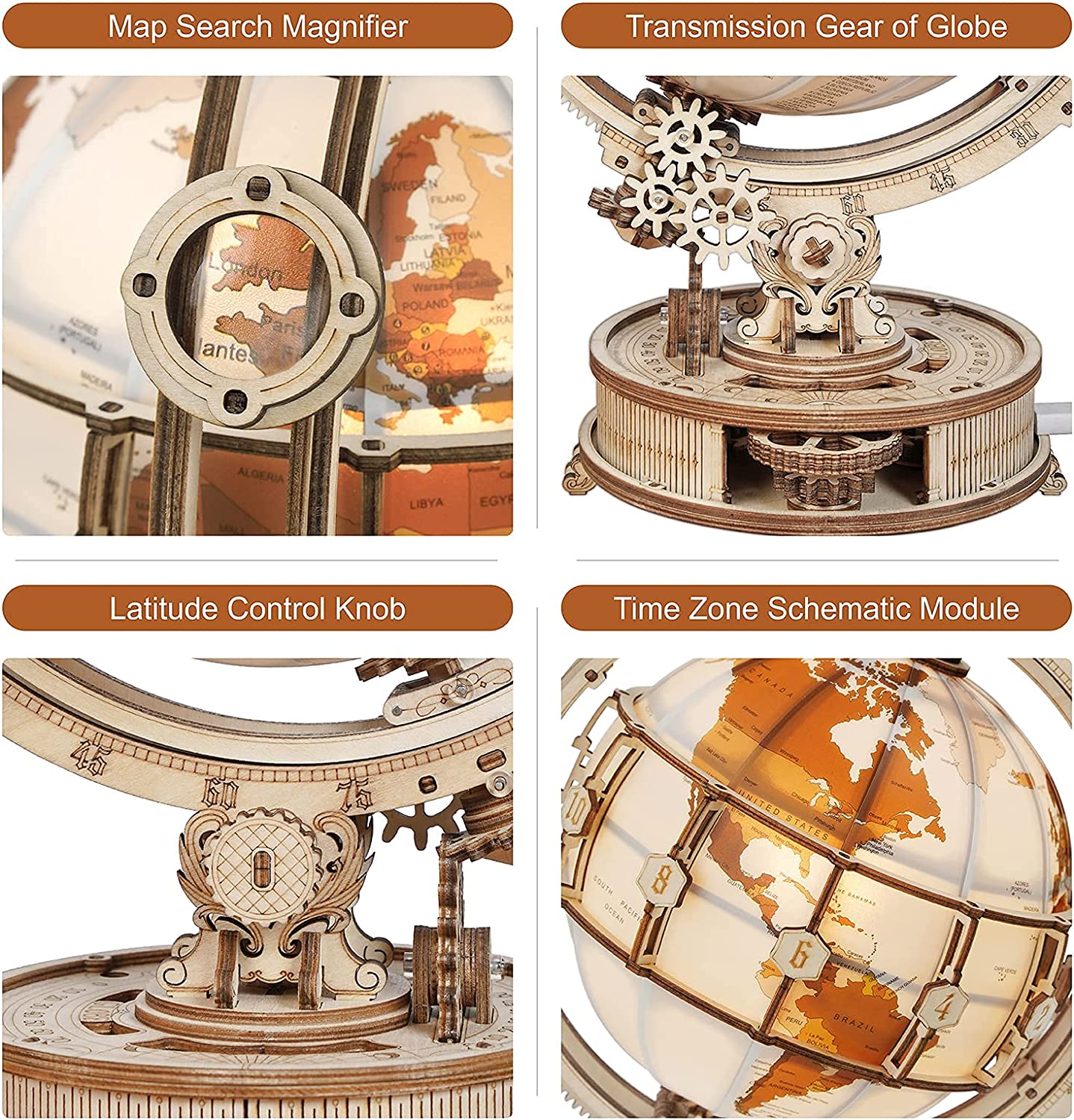 ROKR Luminous Globe - 180-Piece 3D Wooden Puzzle with LED Light