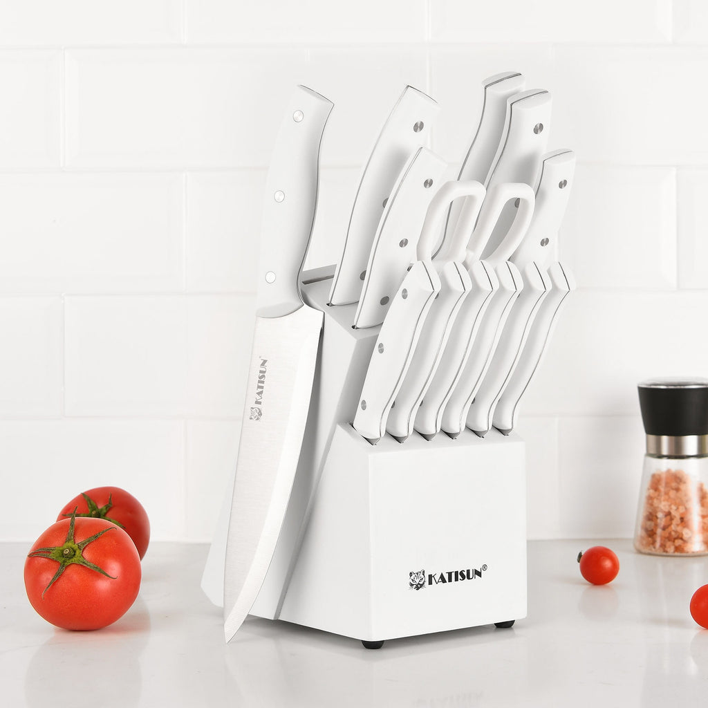 15-Piece Stainless Steel Kitchen Knife Set - Professional Chef Knives with White Handles
