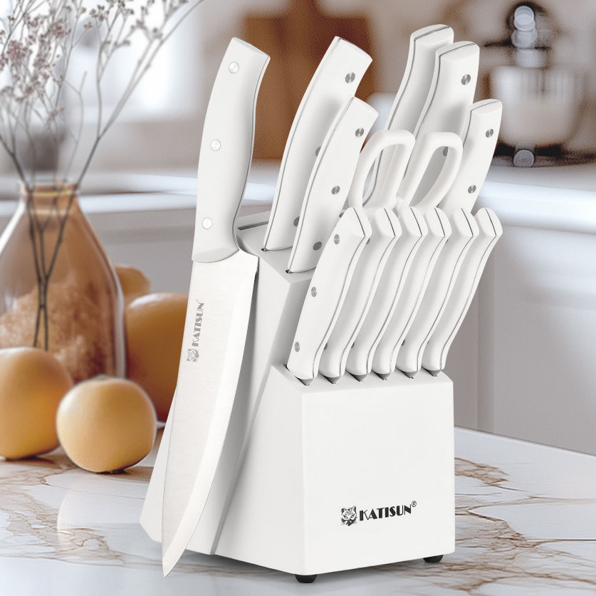 15-Piece Stainless Steel Kitchen Knife Set - Professional Chef Knives with White Handles