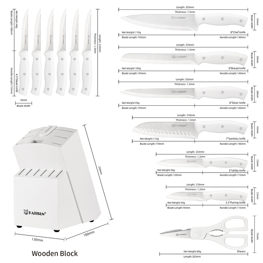 15-Piece Stainless Steel Kitchen Knife Set - Professional Chef Knives with White Handles