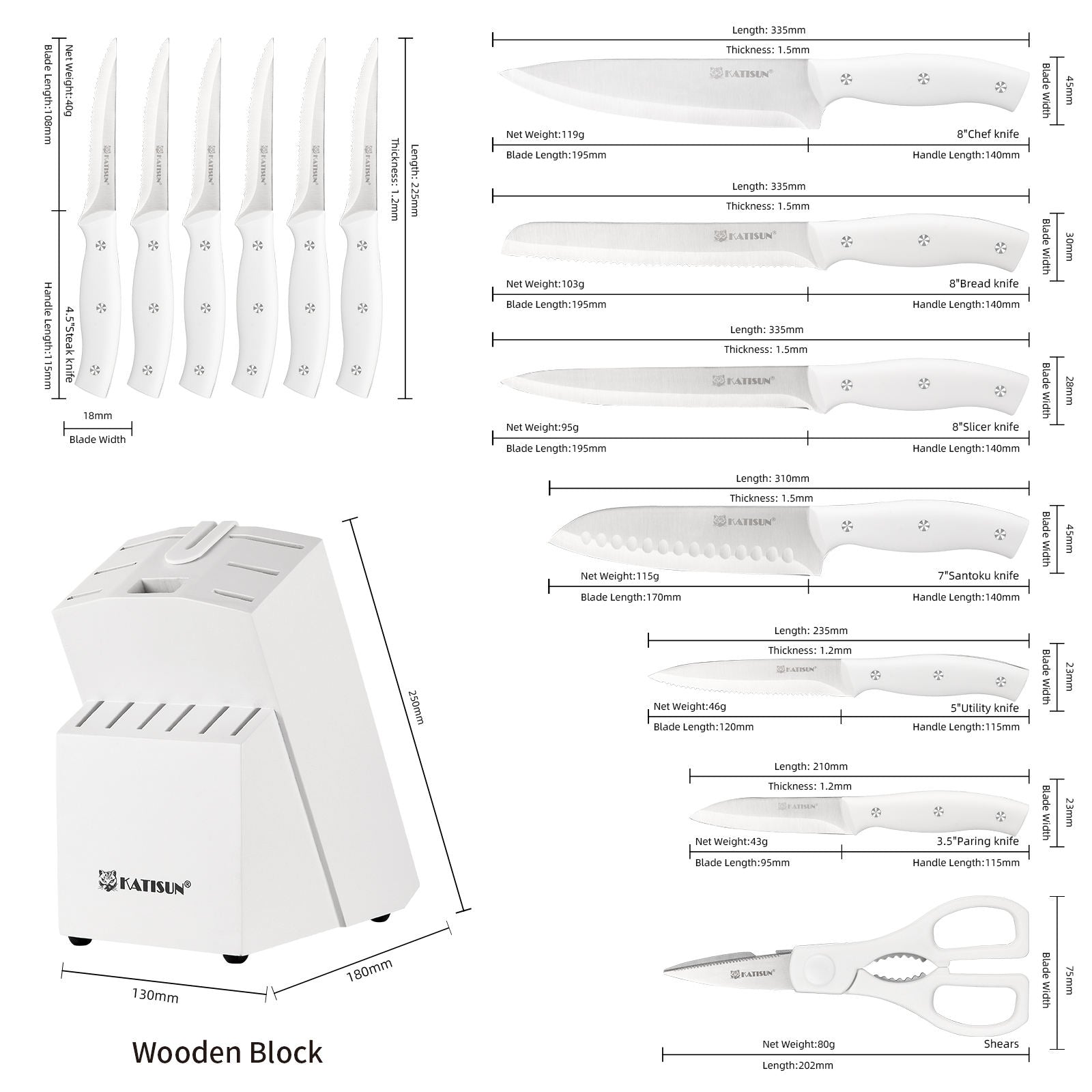 15-Piece Stainless Steel Kitchen Knife Set - Professional Chef Knives with White Handles