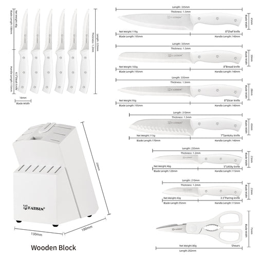 15-Piece Stainless Steel Kitchen Knife Set - Professional Chef Knives with White Handles