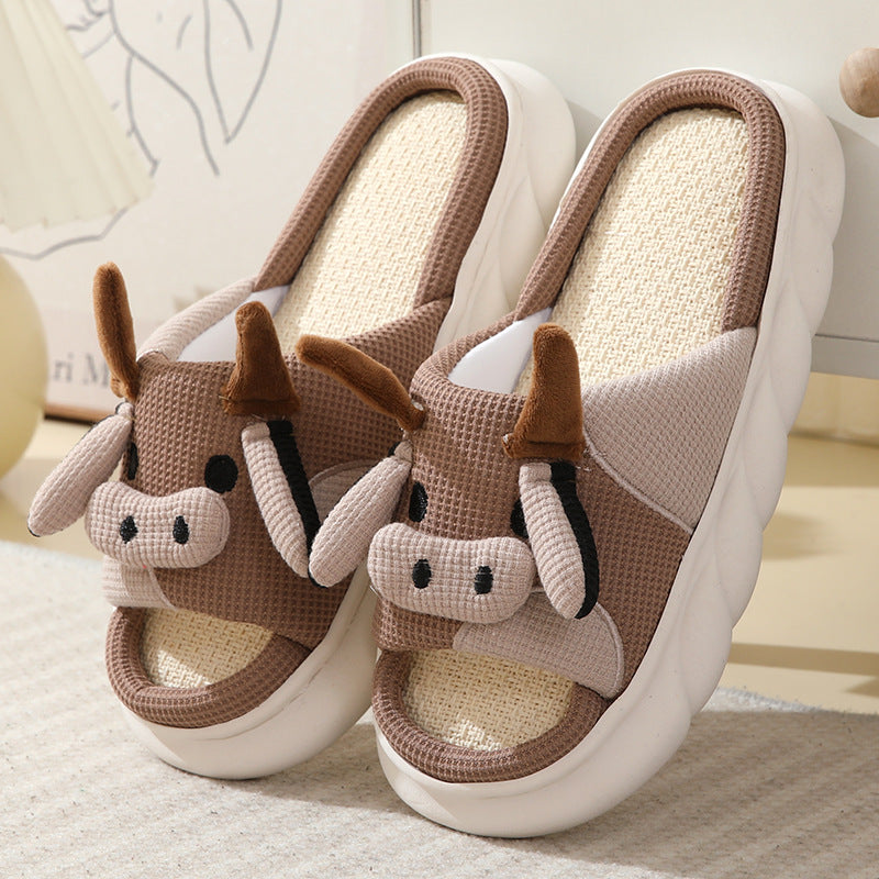 Cute Cartoon Cow Frog Slippers, Linen, Non-slip