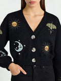Women's Sun & Moon Embroidered Cardigan - Boho Knit Sweater with Lantern Sleeves