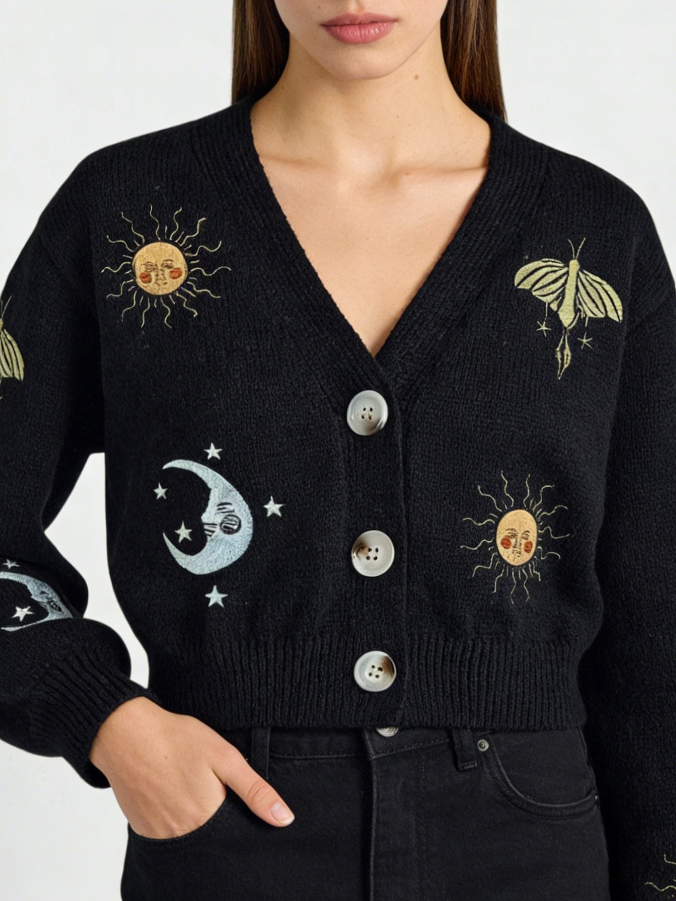 Women's Sun & Moon Embroidered Cardigan - Boho Knit Sweater with Lantern Sleeves