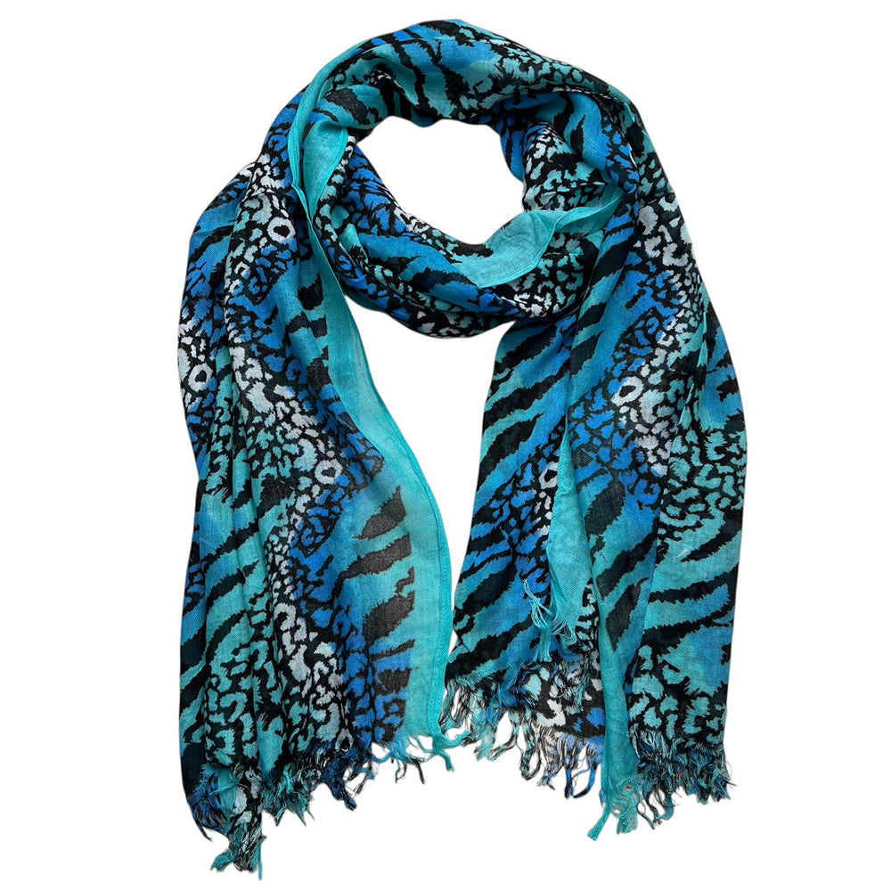 Aqua Blue Geometric Boho Scarf - Long Turquoise Print (77" x 22")