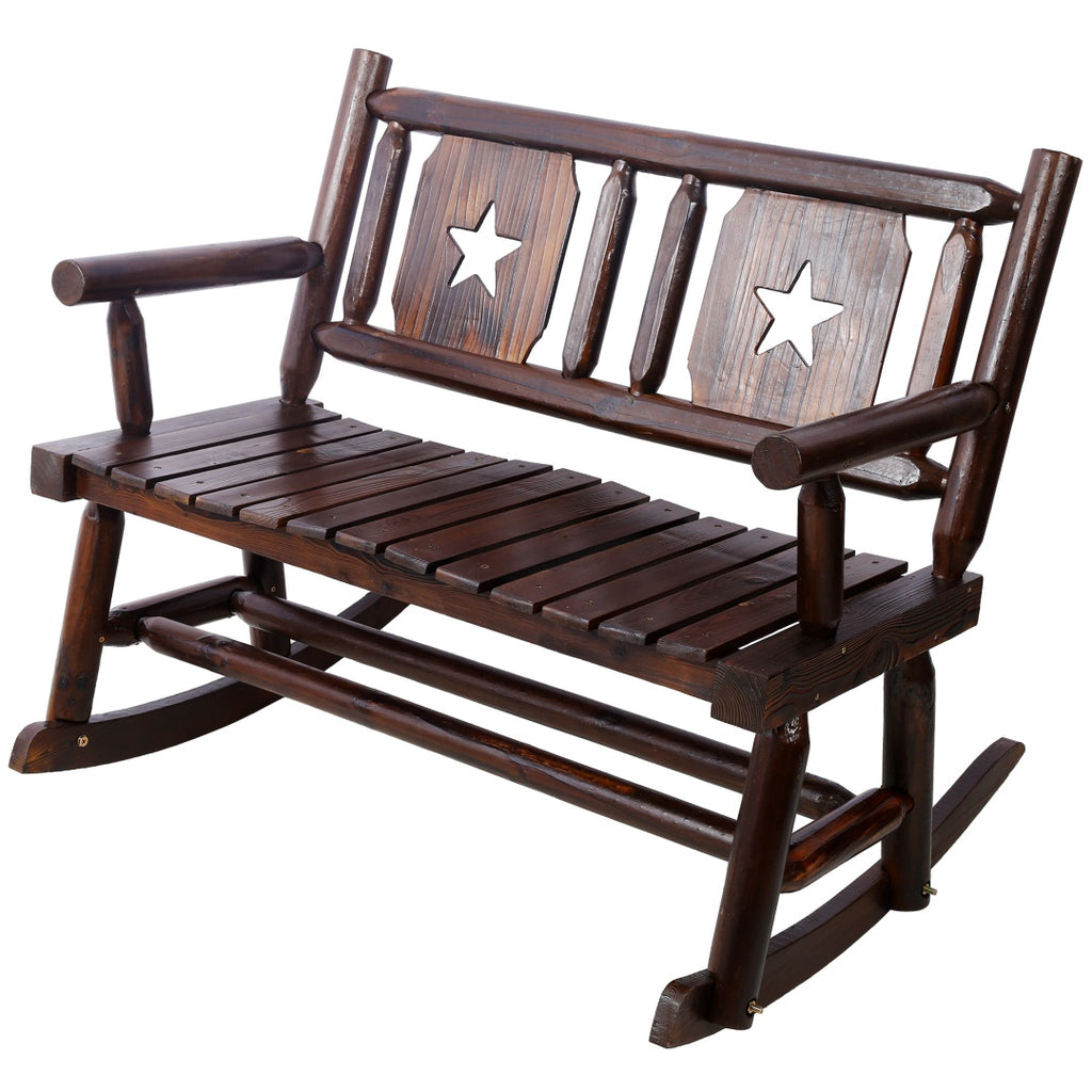 Outdoor Wood Rocking Bench for 2 - Rustic Brown Porch Rocker