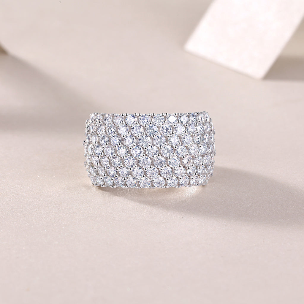 Multi-Row Moissanite Wide Band Ring in Sterling Silver