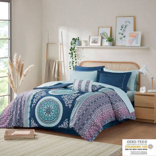 Queen Boho Comforter & Sheet Set - Navy Medallion Print Bedding