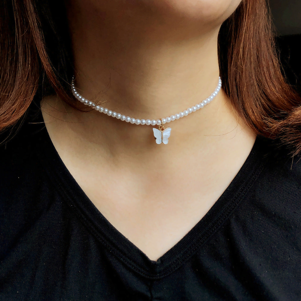 Elegant White Pearl with Butterfly Choker Necklace