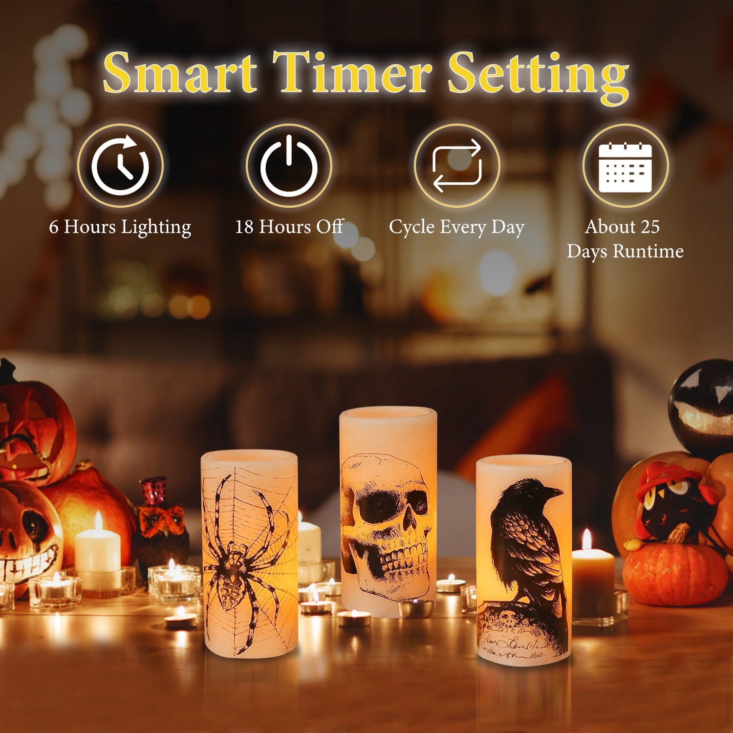 3-Pack Halloween Flameless LED Candles with Timer - Battery Operated