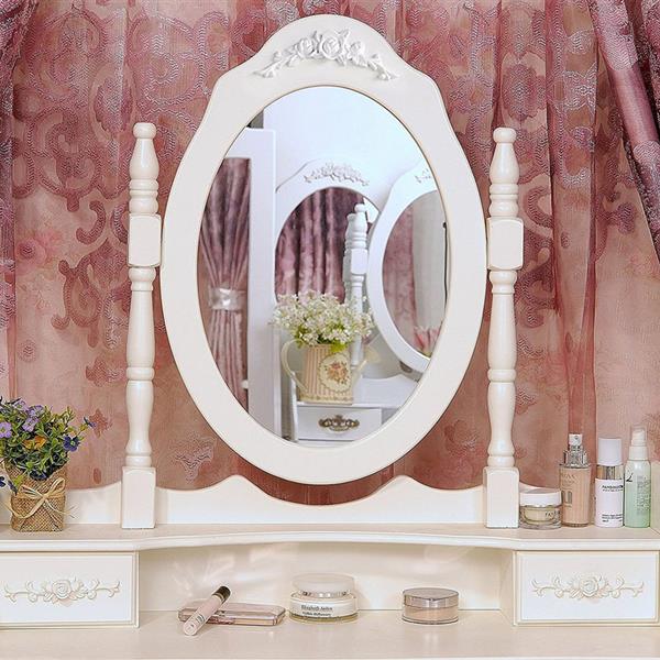 White Vanity Table Set with Mirror & Stool - 4-Drawer Makeup Dresser