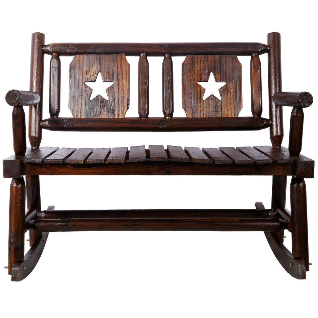 Outdoor Wood Rocking Bench for 2 - Rustic Brown Porch Rocker