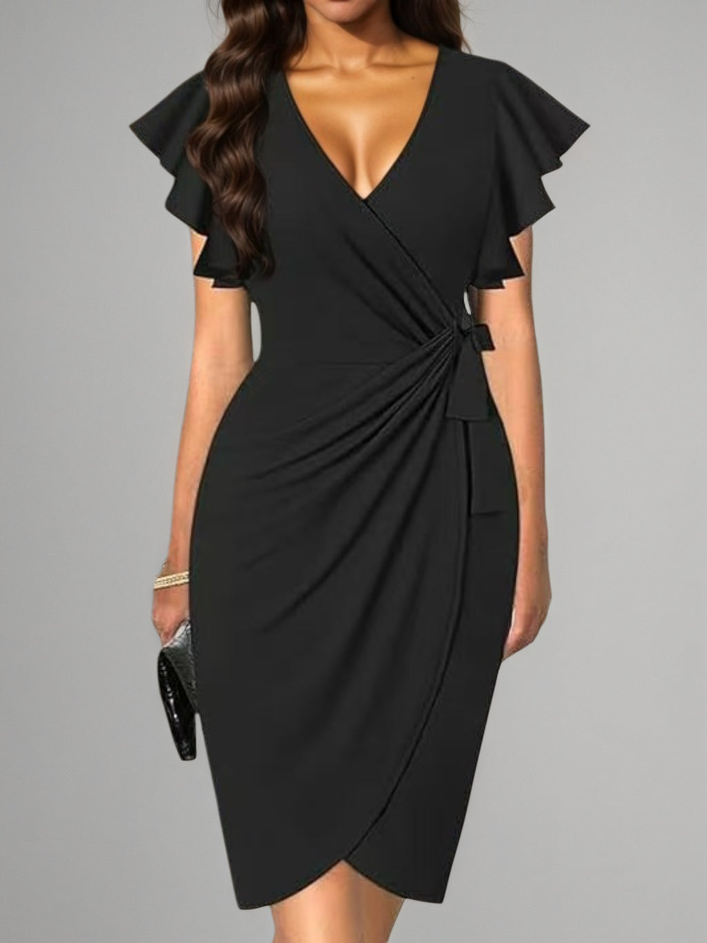 Women's Deep V-Neck Bodycon Dress - Pleated Ruffle Sleeve Fitted Dress