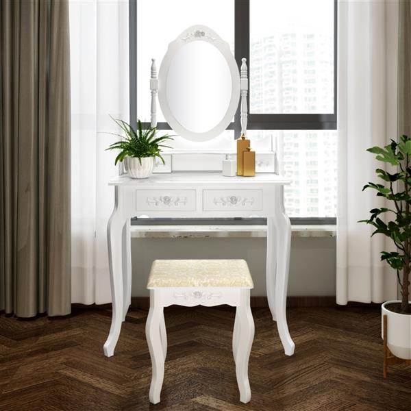 White Vanity Table Set with Mirror & Stool - 4-Drawer Makeup Dresser