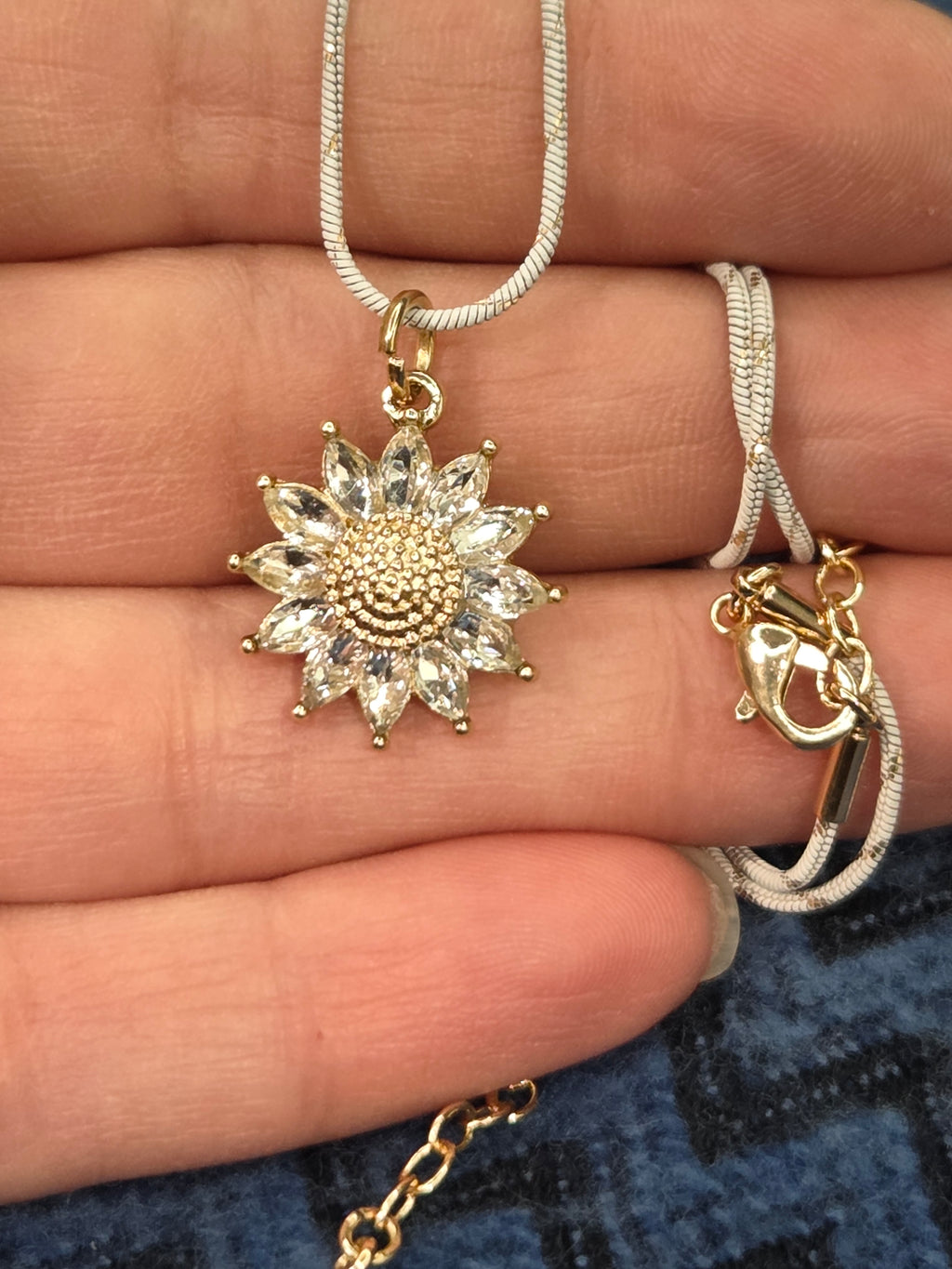 Rhinestone Daisy Pendant Necklace - Gold & White Snake Chain