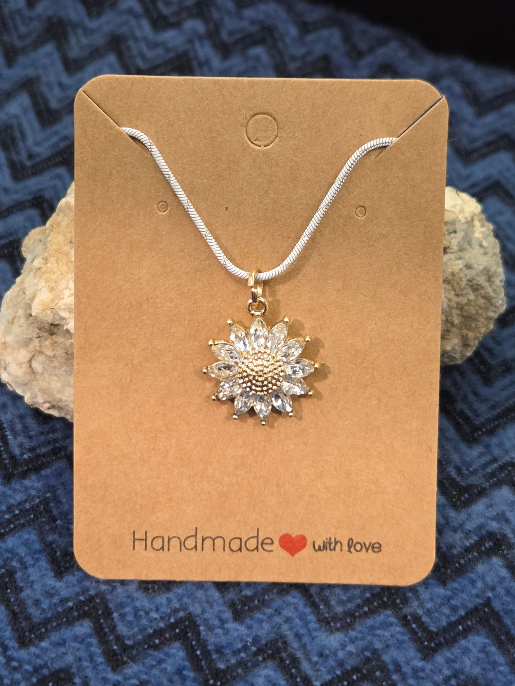 Rhinestone Daisy Pendant Necklace - Gold & White Snake Chain