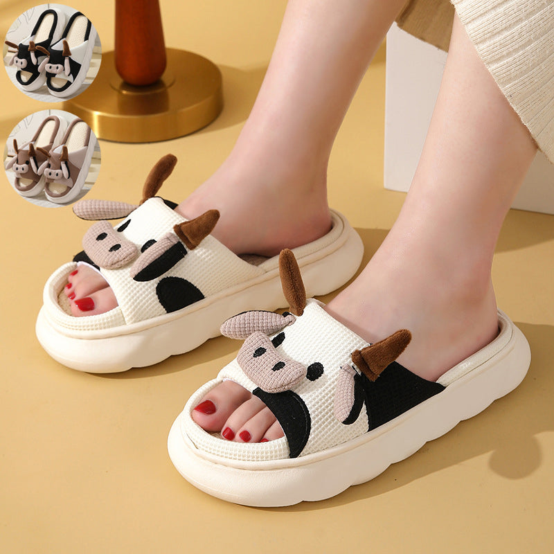 Cute Cartoon Cow Frog Slippers, Linen, Non-slip