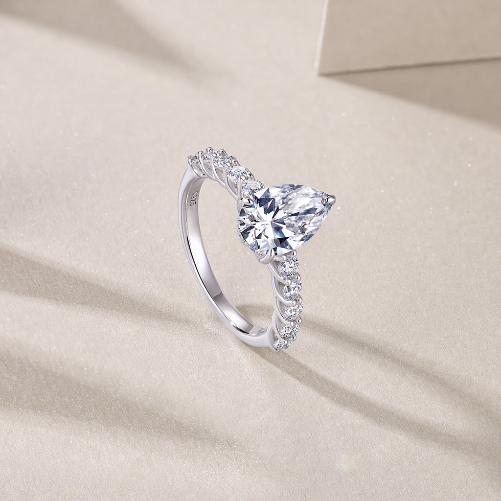 Moonlight Water Drop Pear Moissanite Bezel Ring – S925 Sterling Silver, Platinum Plated
