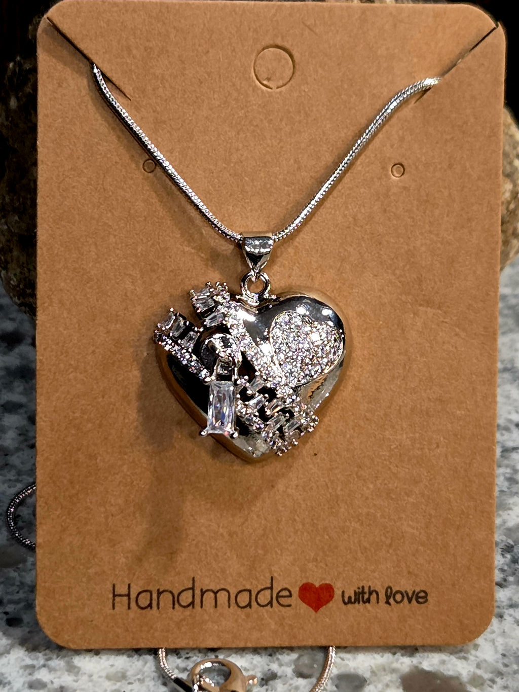 Zipper Heart Necklace - Copper & Zircon Pendant with Silver Chain