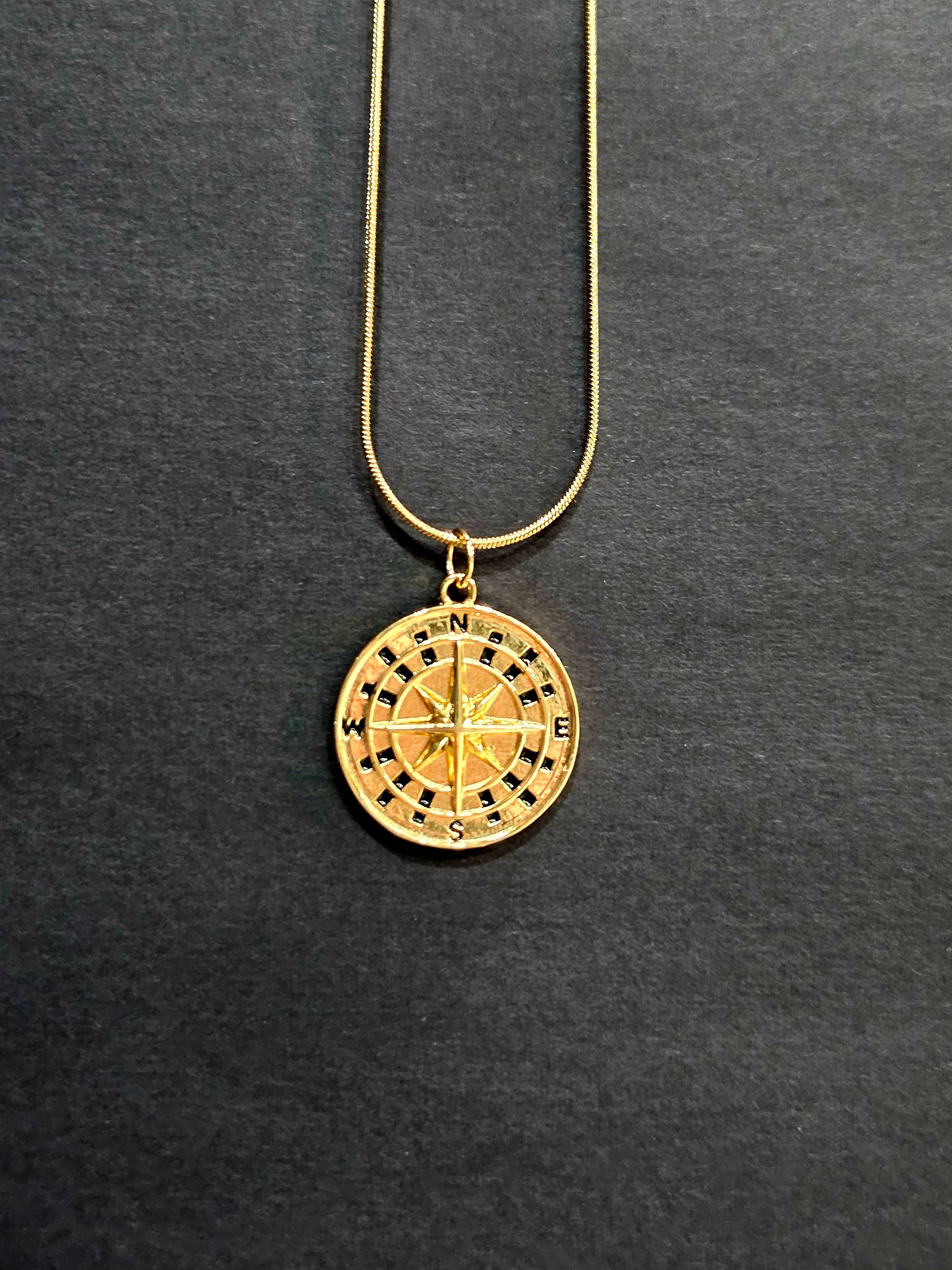 Compass Necklace with Black Detail - Gold Stainless Steel Chain