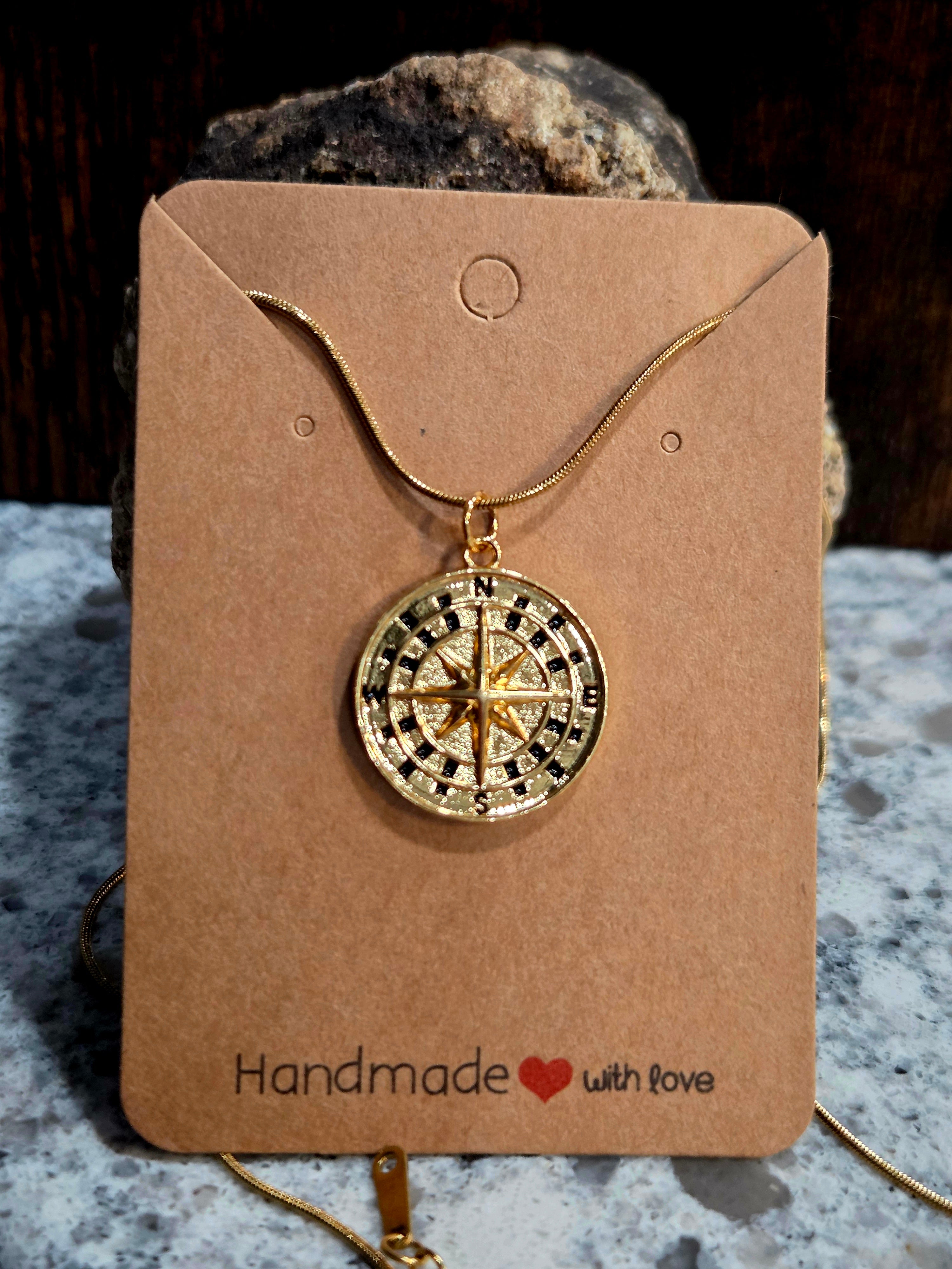 Compass Necklace with Black Detail - Gold Stainless Steel Chain