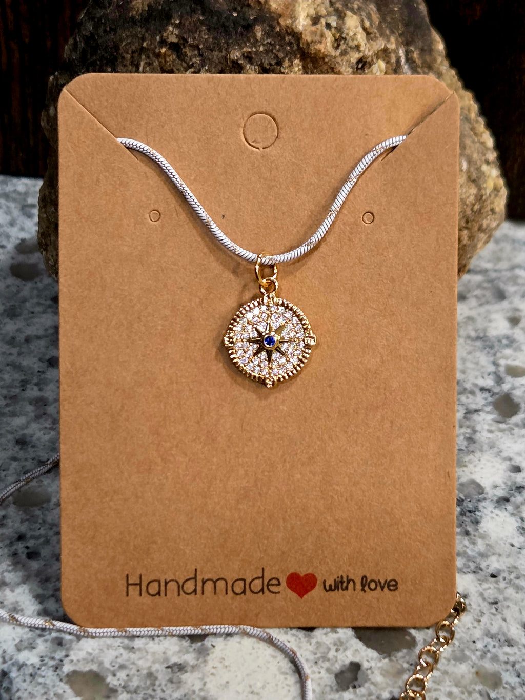 Compass Necklace with Blue Stone - Cubic Zirconia Pendant