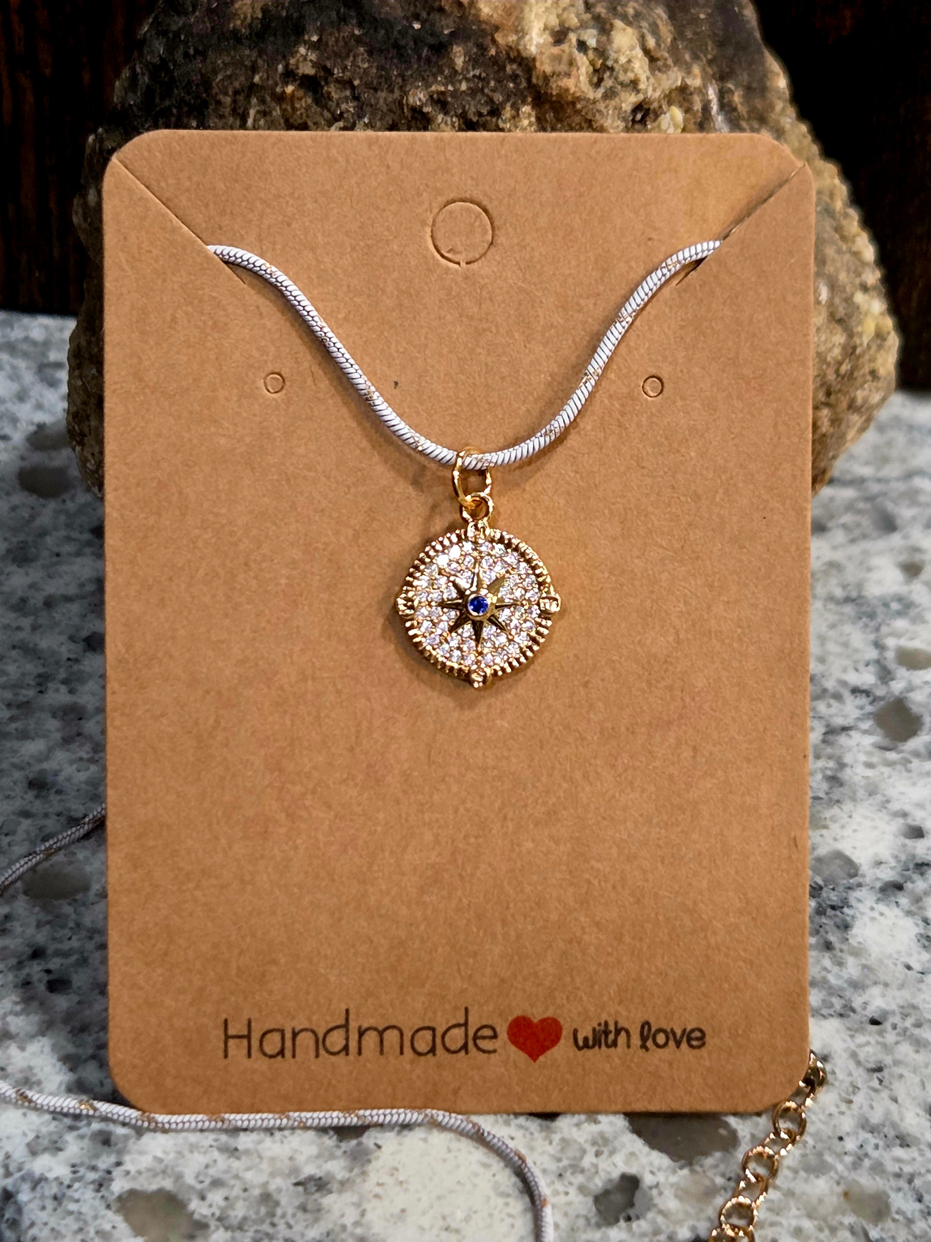 Compass Necklace with Blue Stone - Cubic Zirconia Pendant