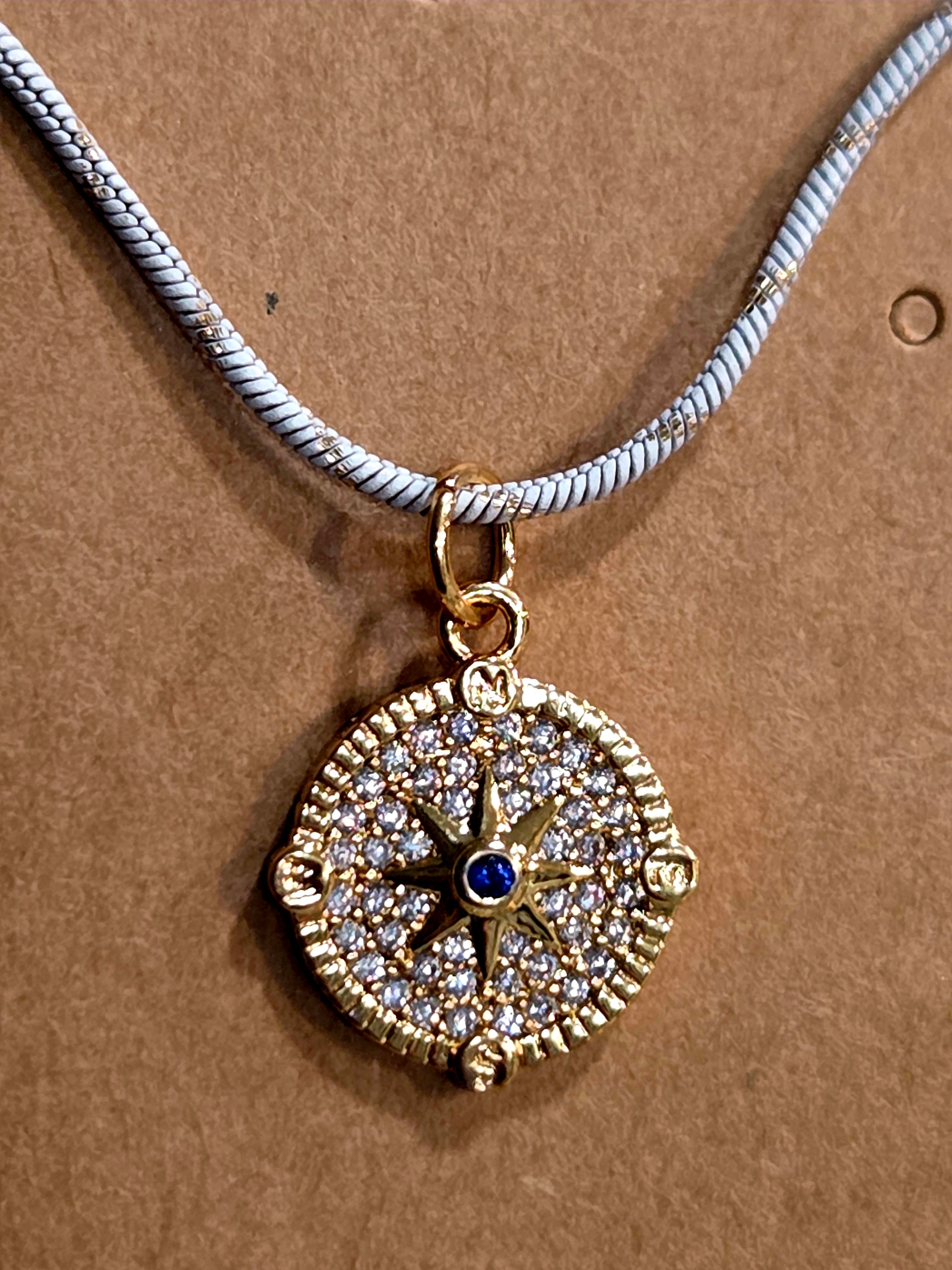 Compass Necklace with Blue Stone - Cubic Zirconia Pendant
