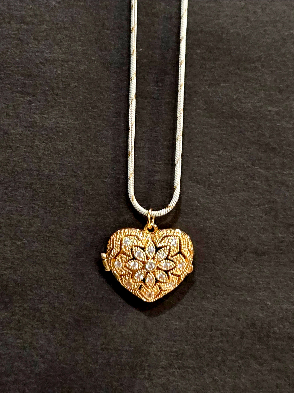 Rhinestone Heart Locket Necklace - Gold & White Gold Chain