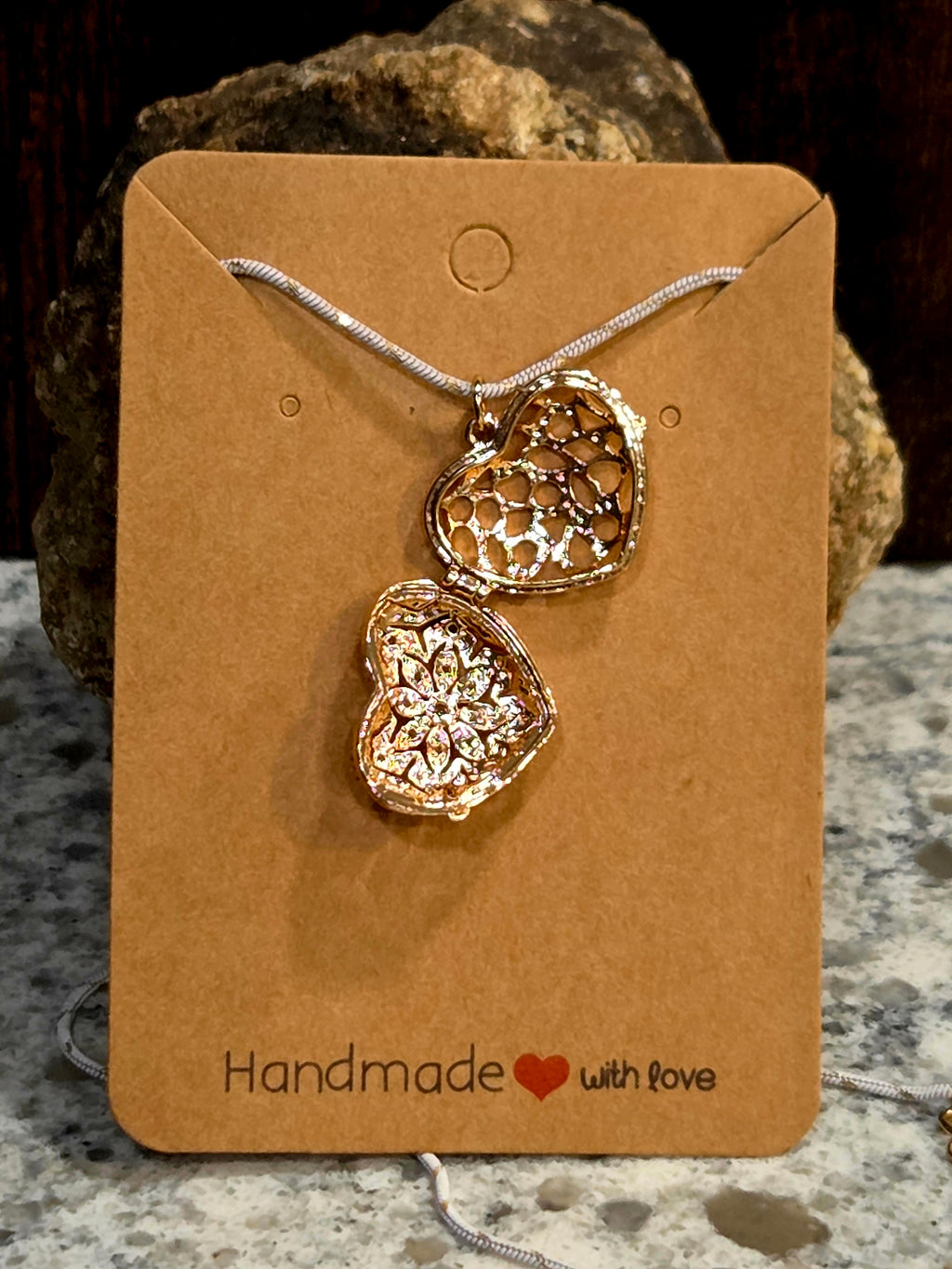Rhinestone Heart Locket Necklace - Gold & White Gold Chain