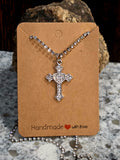 Rhinestone Cross Necklace - Crystal Chain with Silver Pendant