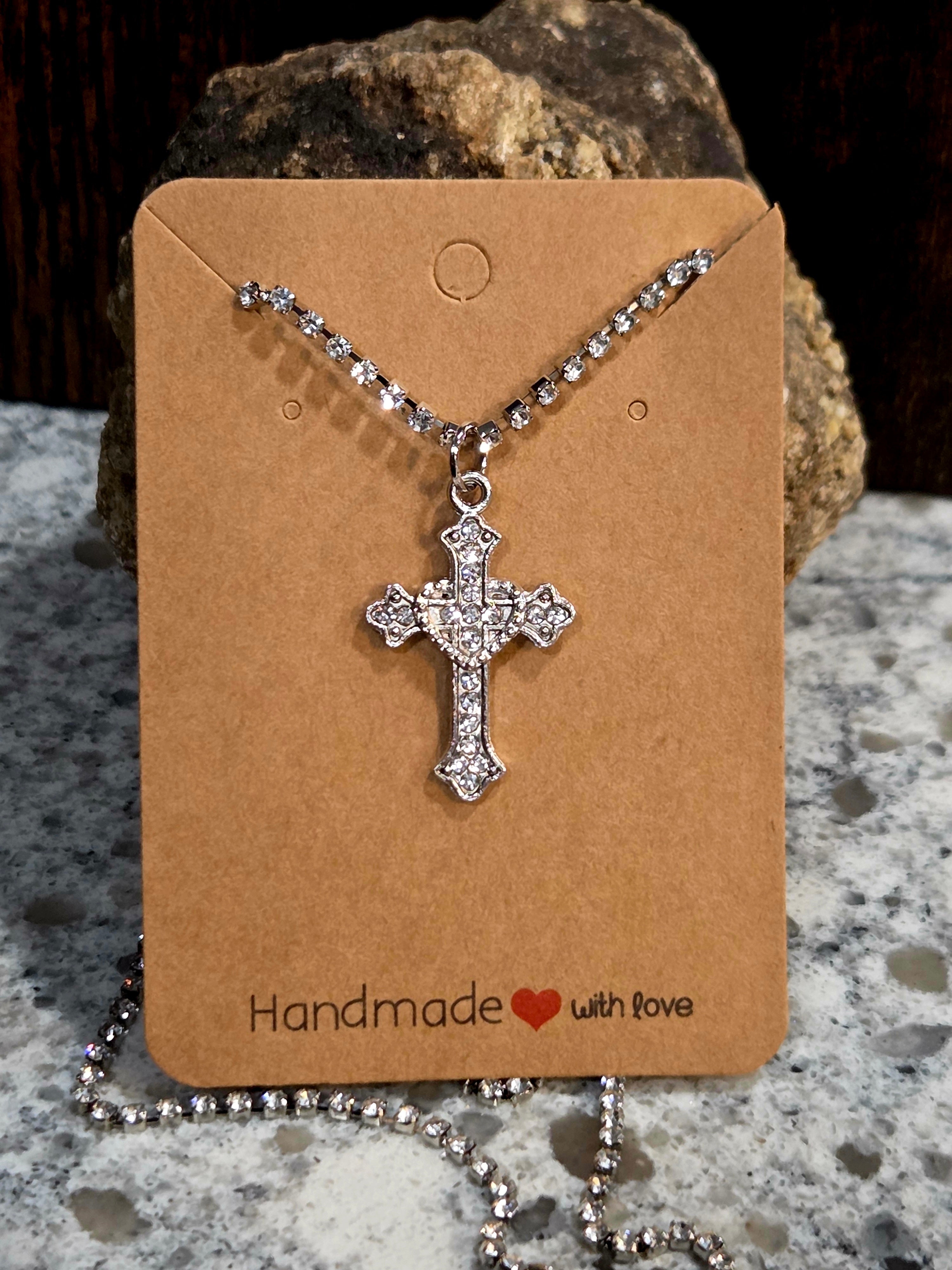 Rhinestone Cross Necklace - Crystal Chain with Silver Pendant