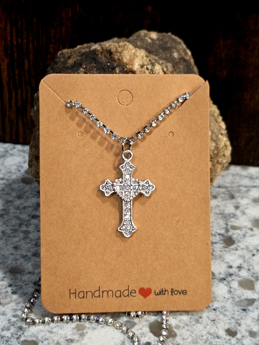 Rhinestone Cross Necklace - Crystal Chain with Silver Pendant