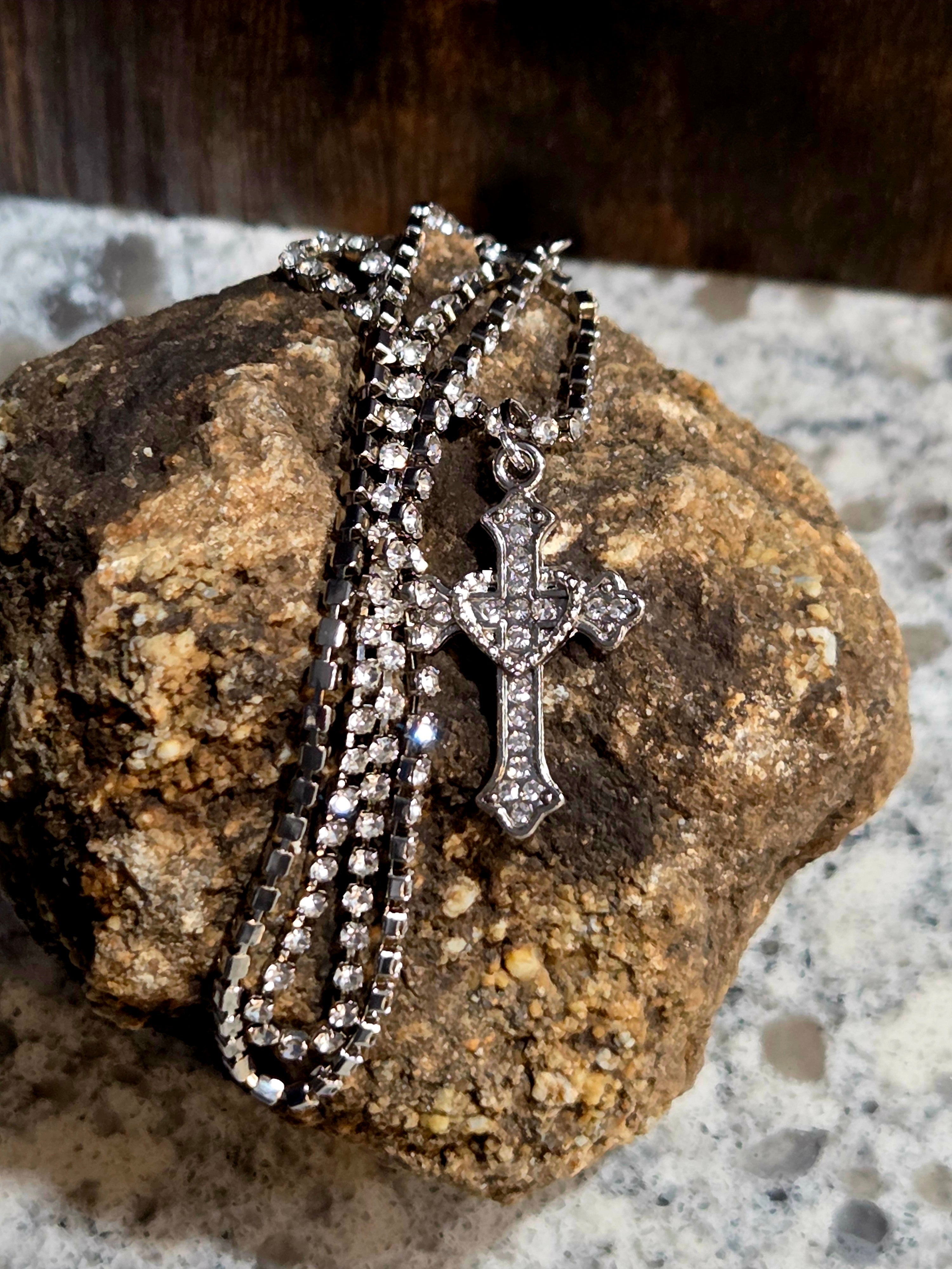Rhinestone Cross Necklace - Crystal Chain with Silver Pendant
