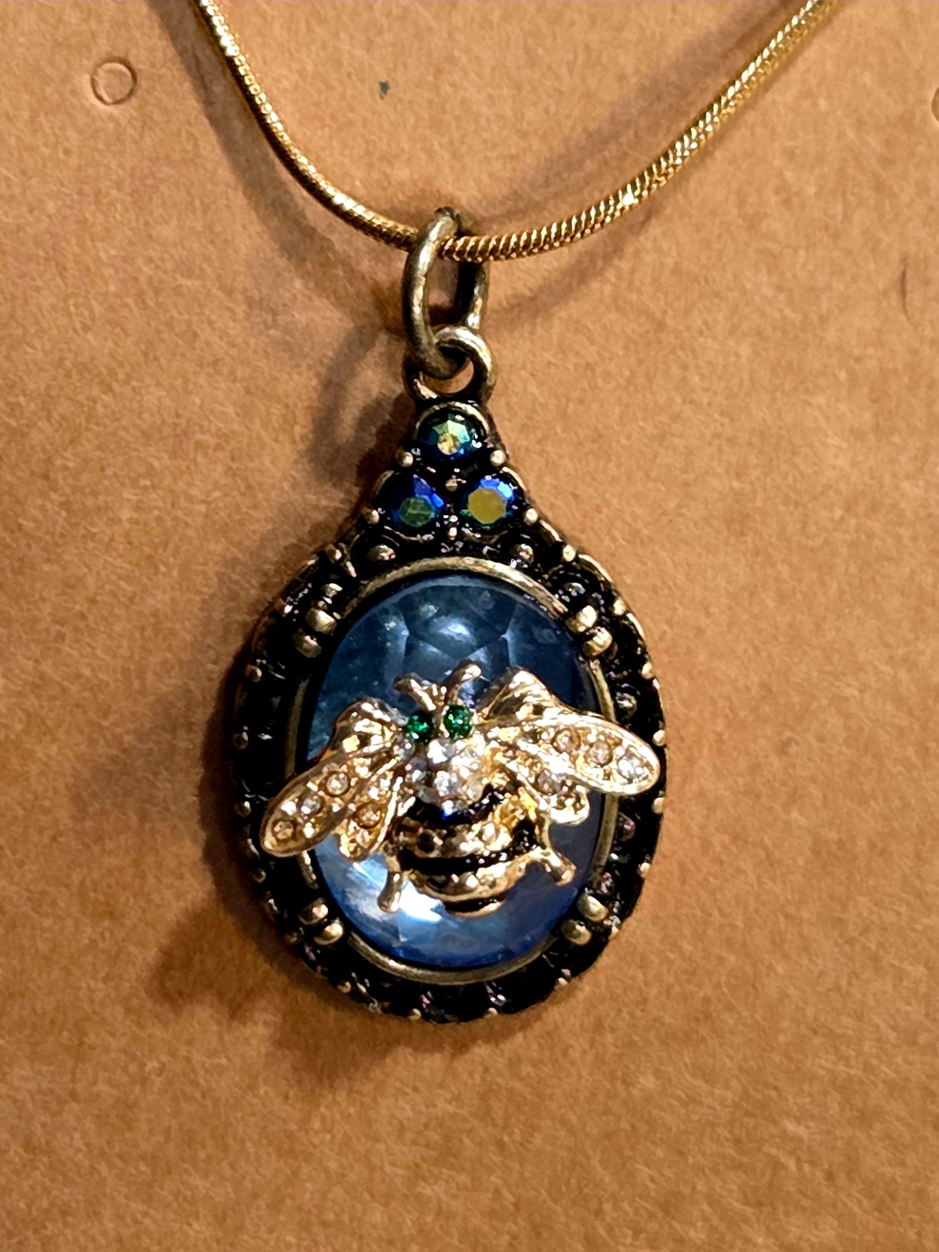 Blue Glass Bee Necklace - Faceted Stone with Gold Chain