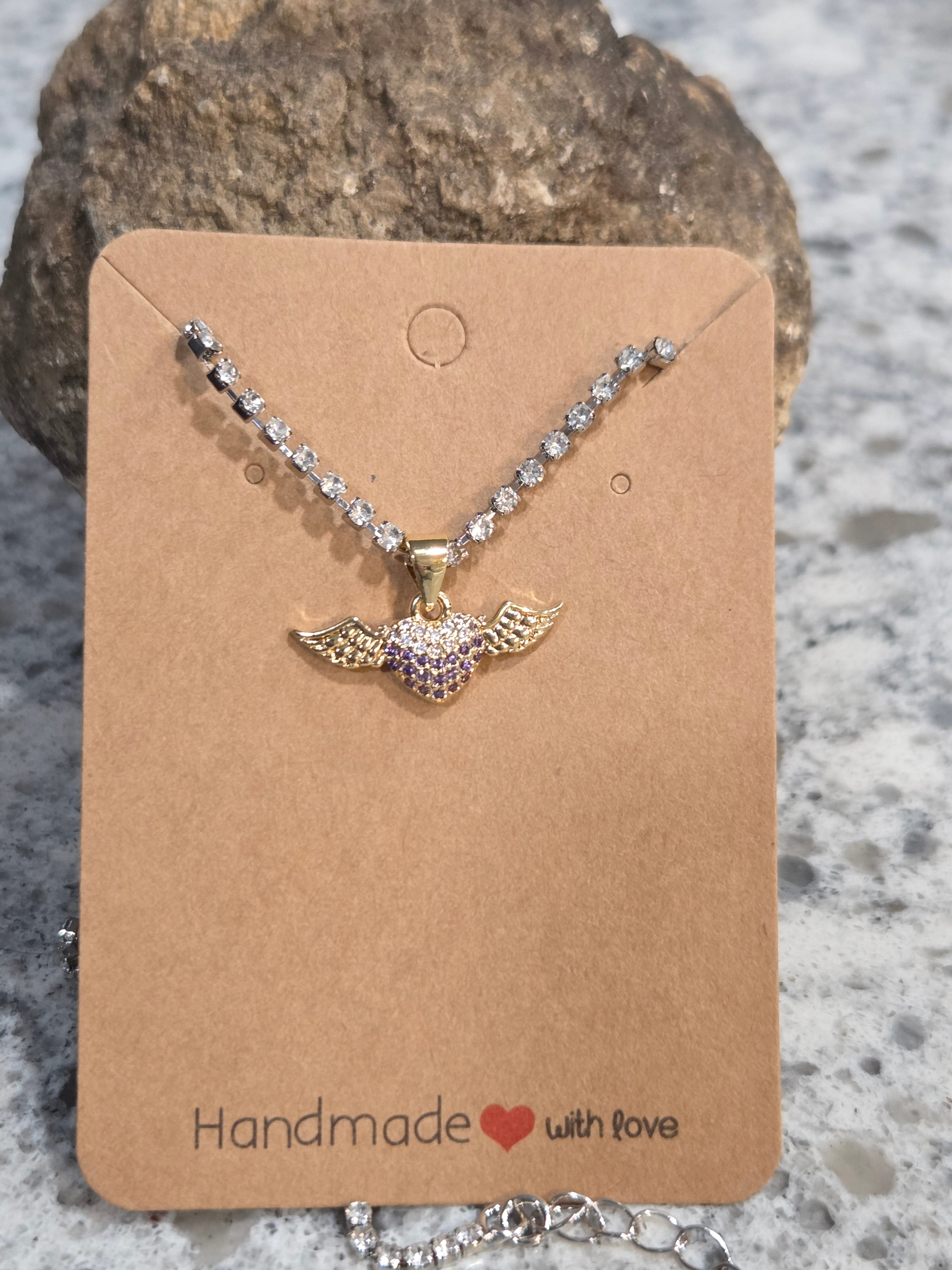 Heart with Angel Wings Necklace - Copper & Zircon Crystal