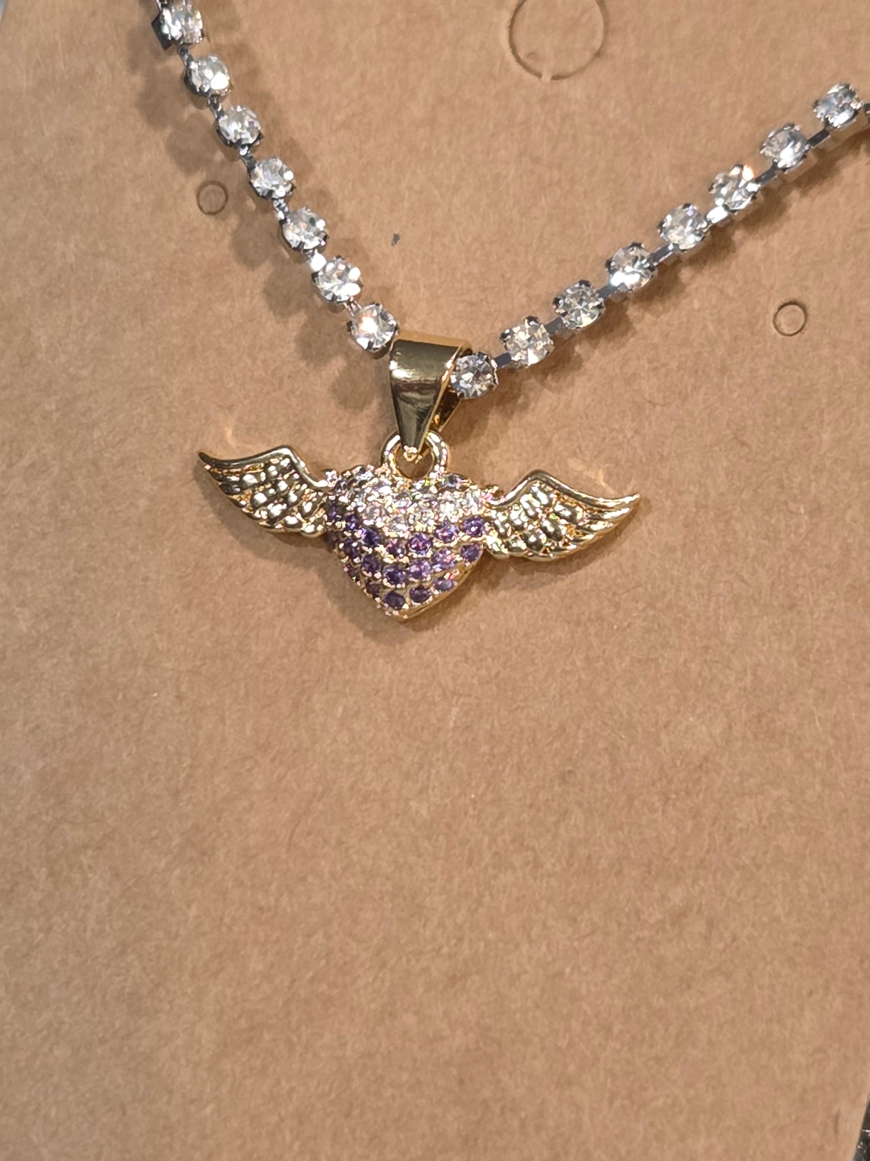 Heart with Angel Wings Necklace - Copper & Zircon Crystal