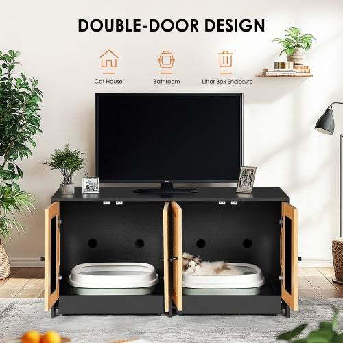 Double Cat Litter Box Furniture - Hidden Enclosure for 2 Cats with Rattan Doors
