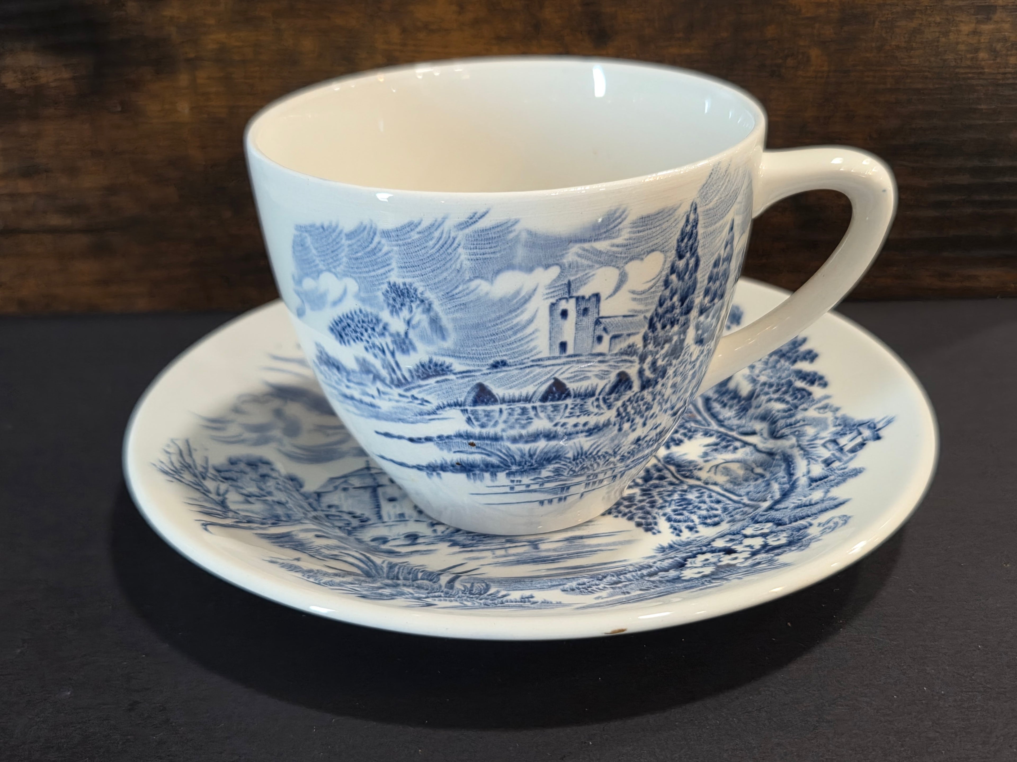Wedgwood Countryside Blue Flat Cup & Saucer Set - Vintage England