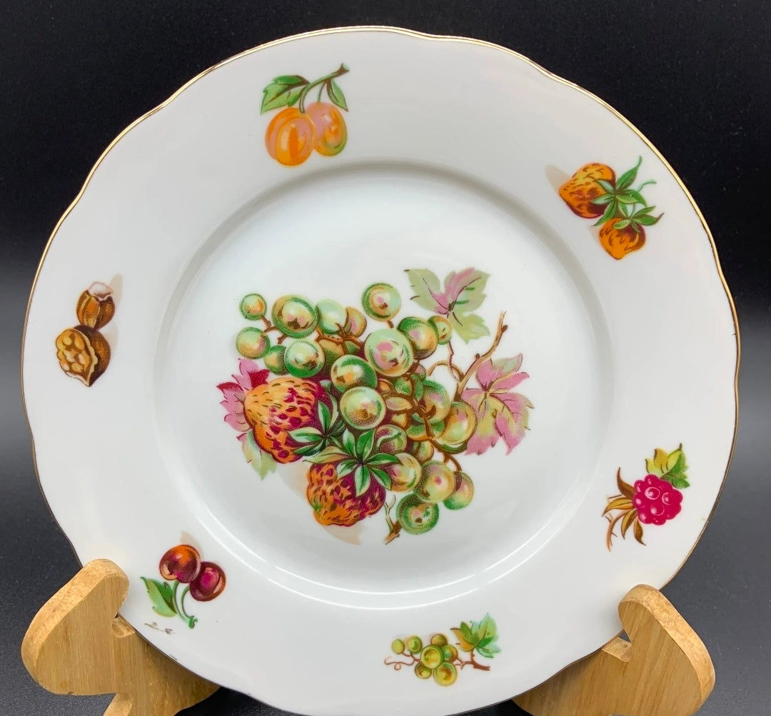 MZ Czechoslovakian Fruit Dessert Plate - Vintage Porcelain with Gold Rim
