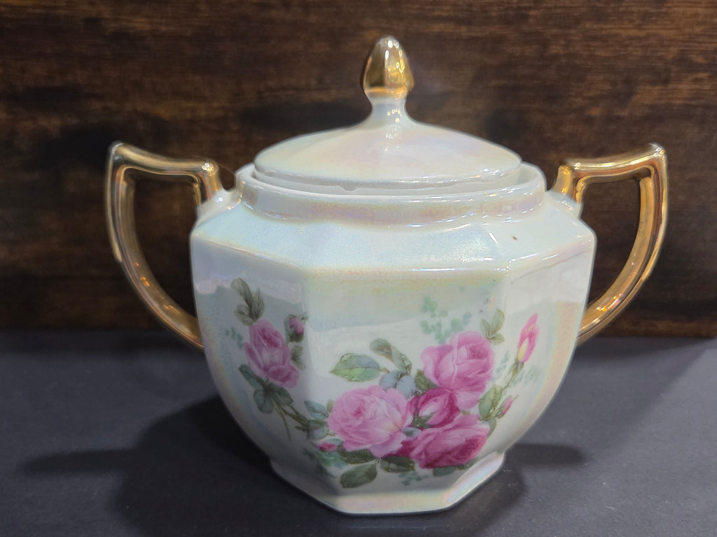 Eleanor Bavaria Lustreware Sugar Bowl with Lid - Hand-Painted Pink Roses