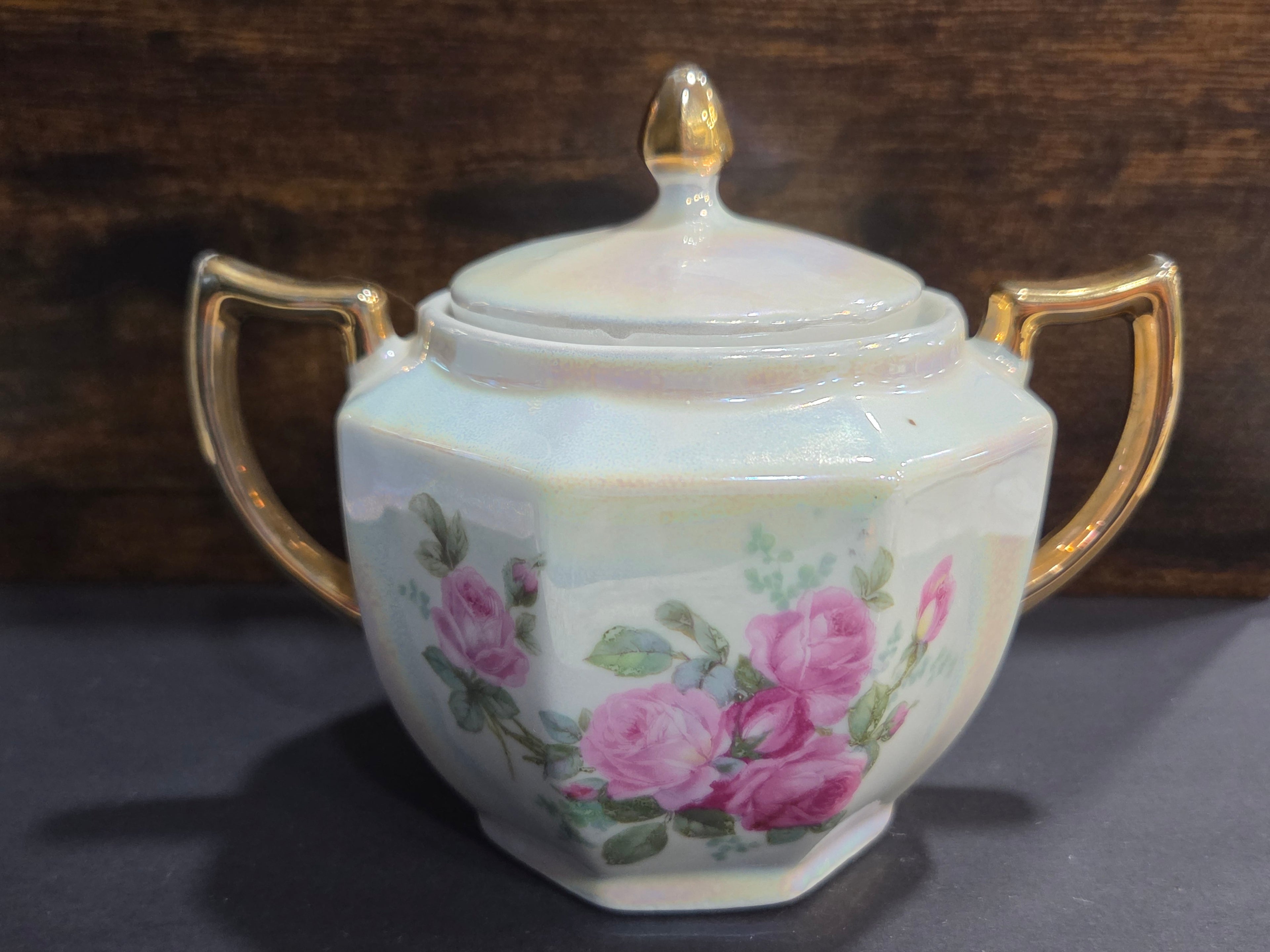 Eleanor Bavaria Lustreware Sugar Bowl with Lid - Hand-Painted Pink Roses